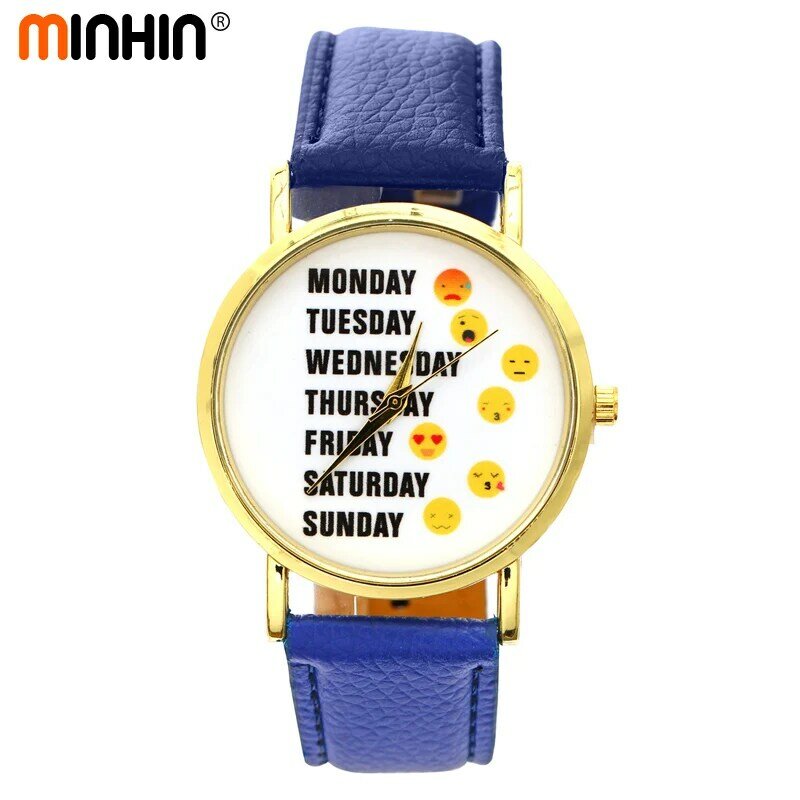 Relojes de pulsera de cuarzo de cuero con estampado de Emoji divertidos para mujeres MINHIN