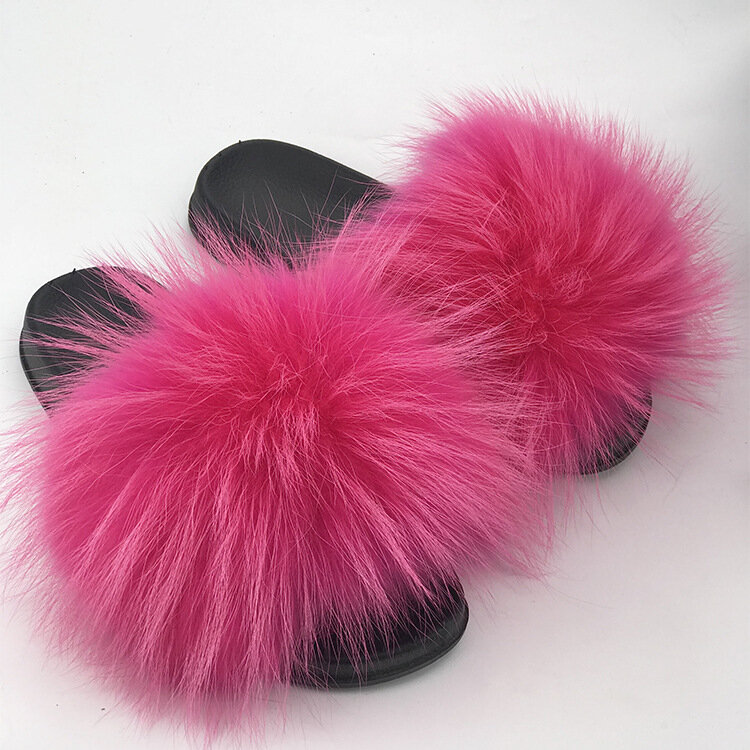 Real Raccoon Fur Slippers Women 2019 Sliders Casual Fox Hair Flat Fluffy Fashion Home Summer Big Size 45 Furry Flip Flops Shoes