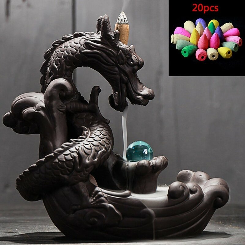 Encensoir en céramique à reflux | Brûleur d'encens créatif à porte-encens Dragon, encensoir avec boule de cristal, décoration de la maison, 20 pièces