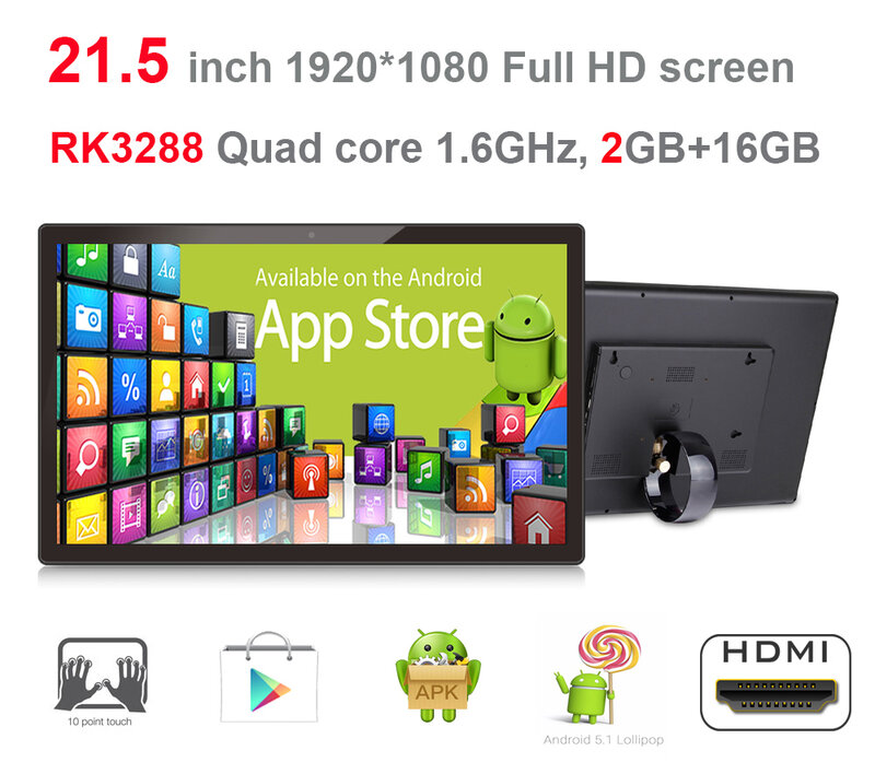 Écran tactile coule Android de 21.5 pouces, RK3288 ou RK3399,2 Go DDR3,16 Go nand flash, Play Store, wifi, RJ45, BT, VESA