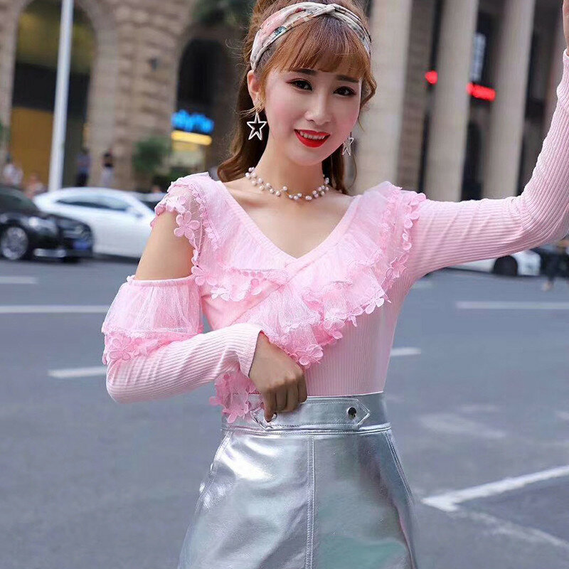 2018 New Autumn Women Short Tops V-Neck Ruffles Blouse Sweet Hollow Out Floral Lace Shirt Ladies Long Sleeve Mesh Blouses AB1077