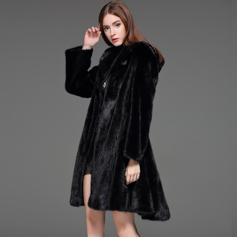 X-LONG mulheres imitação de pele de vison trench alta qualidade grande tamanho do falso casaco de pele com capuz primavera nova chegada