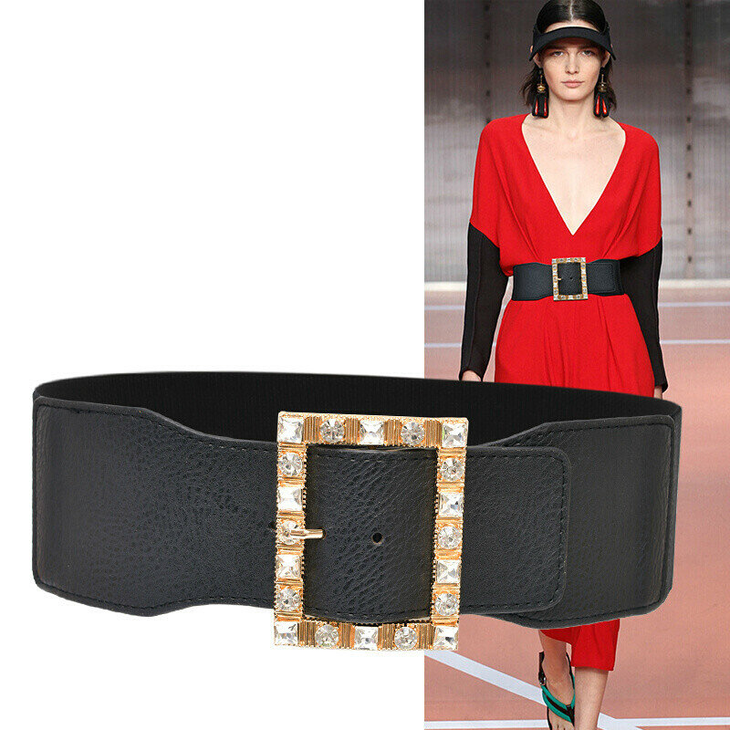 Kleding Accessoires 7.5Cm Brede Riem Voor Dames Vierkante Kristallen Gesp Decoratie Zwarte Pu Leather Fashion Leisure Broeksbanden