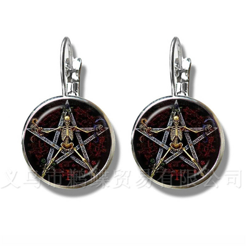 Satanic Baphomet Pentagram Bracelet Gothic Silver Plated Earrings Satanism Evil Occult Pentacle Jewelry Pagan Charm Stud Ear