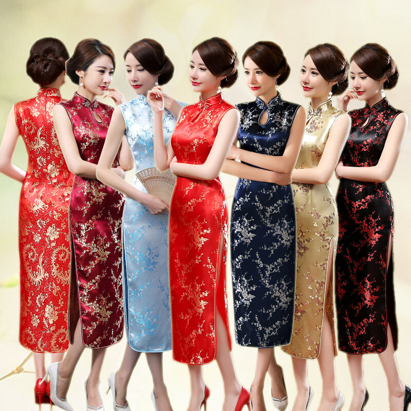 Seksowne kobiety bez rękawów sukienka smukłe Cheongsam nowość Vintage chiński stójka Qipao suknia wieczorowa Vestidos