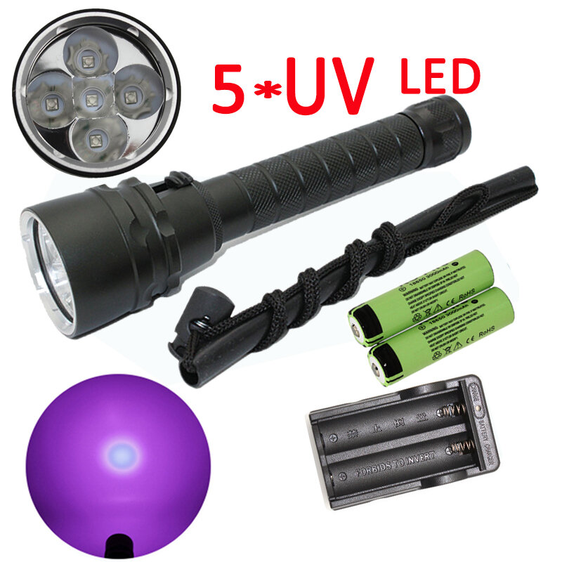 Underwater 5x UV LED flashlight ultraviolet light uv lam Diving Torch Lamp for Sea searching Amber + 2x 18650 battery+Charger