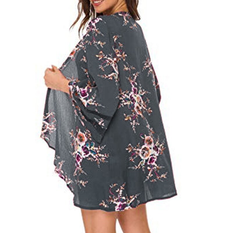 New Floral Print Kimono Cardigan 3/4 Bell Sleeve Chiffon Beach Loose Kimono Cardigan Summer Autumn Sun Protection Womens Blouses