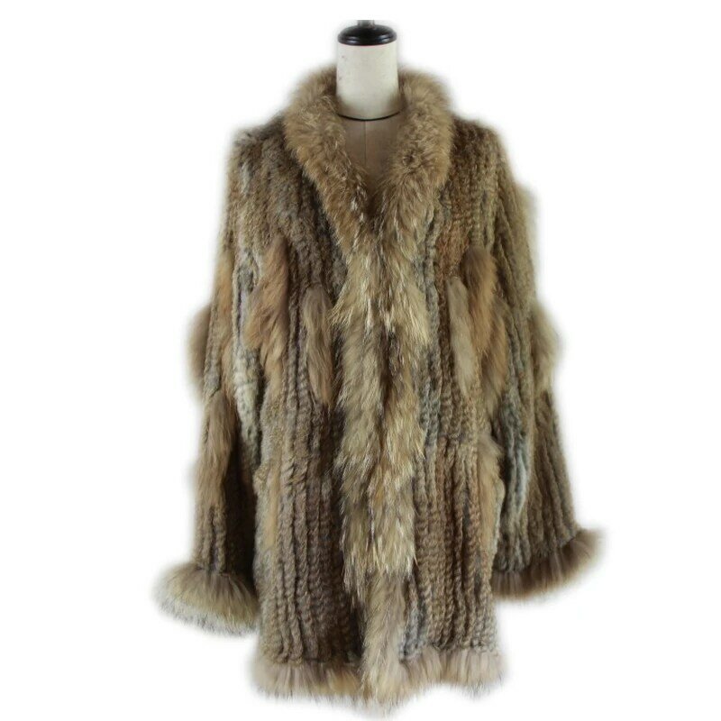 ผู้หญิงถักของแท้กระต่าย fur coat แจ็คเก็ต overcoat เสื้อผ้า & raccoon ปลอกคอ hood raccoon ขนสัตว์ถักยาวเสื้อ