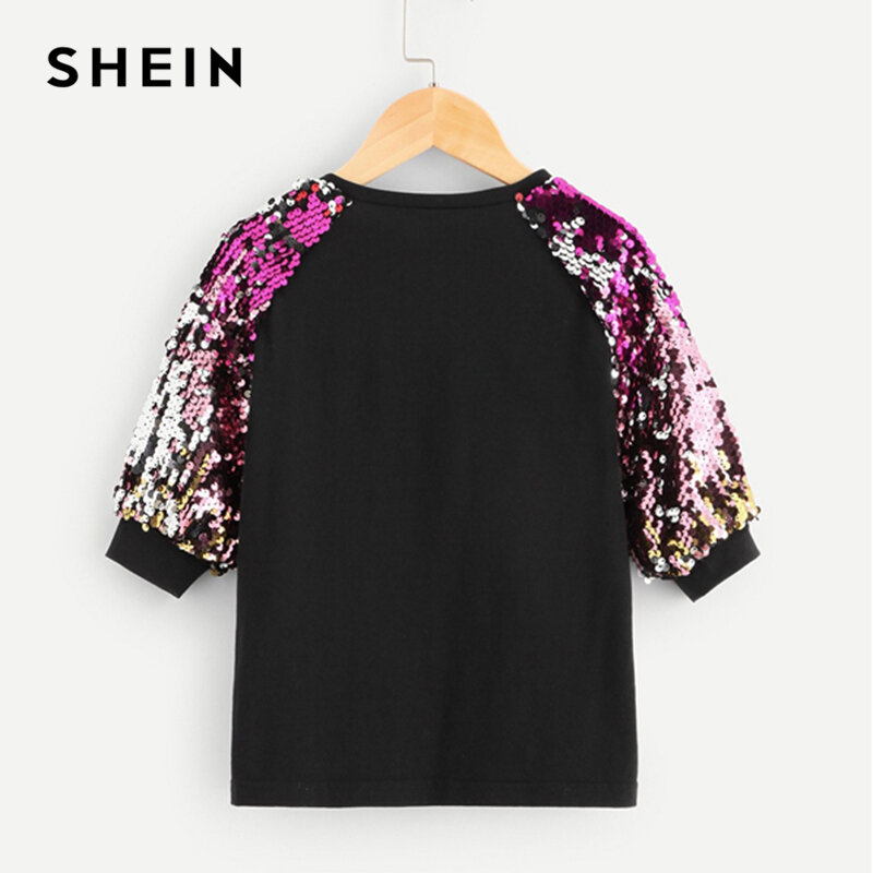 SHEIN noir col roulé décontracté enfants Sequin T Shirt filles hauts 2019 printemps coréen mode demi manches enfants filles chemises t-shirt
