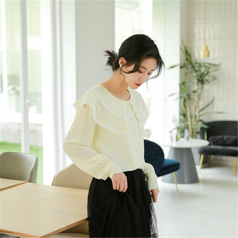 قميص شيفون نسائي بأكمام طويلة ، بلوزة يابانية ، ياقة بيتر بان ، ربيع ، جديد ، H9168