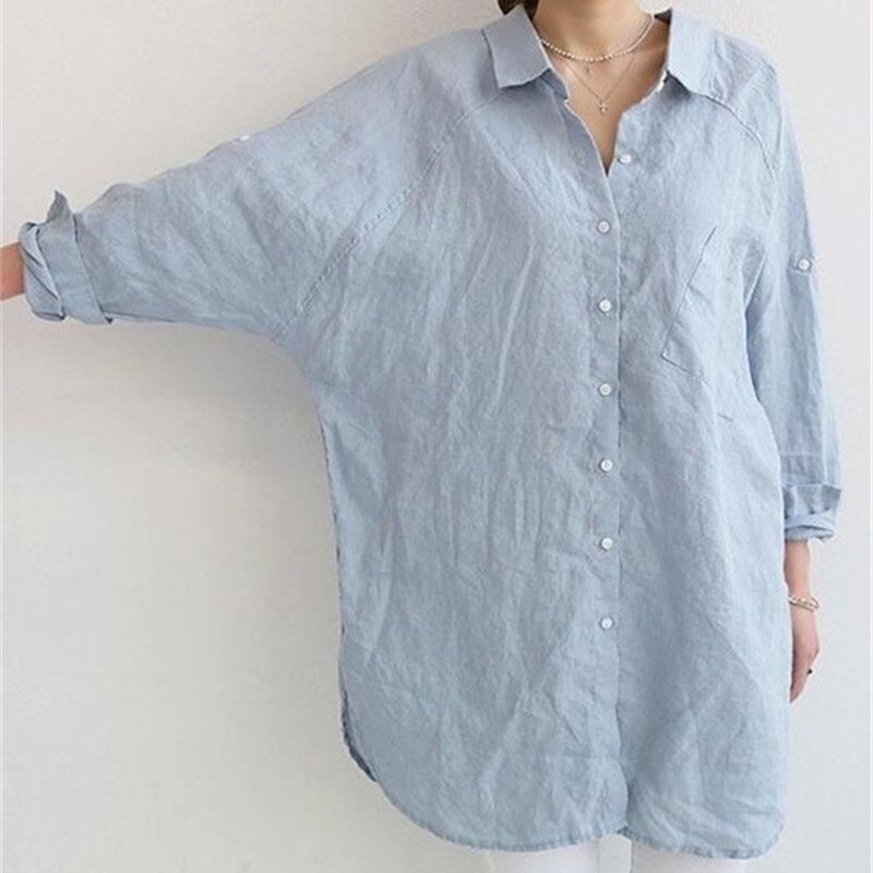 Blusa holgada de lino para mujer, camisa informal de manga larga, color azul, para primavera y verano