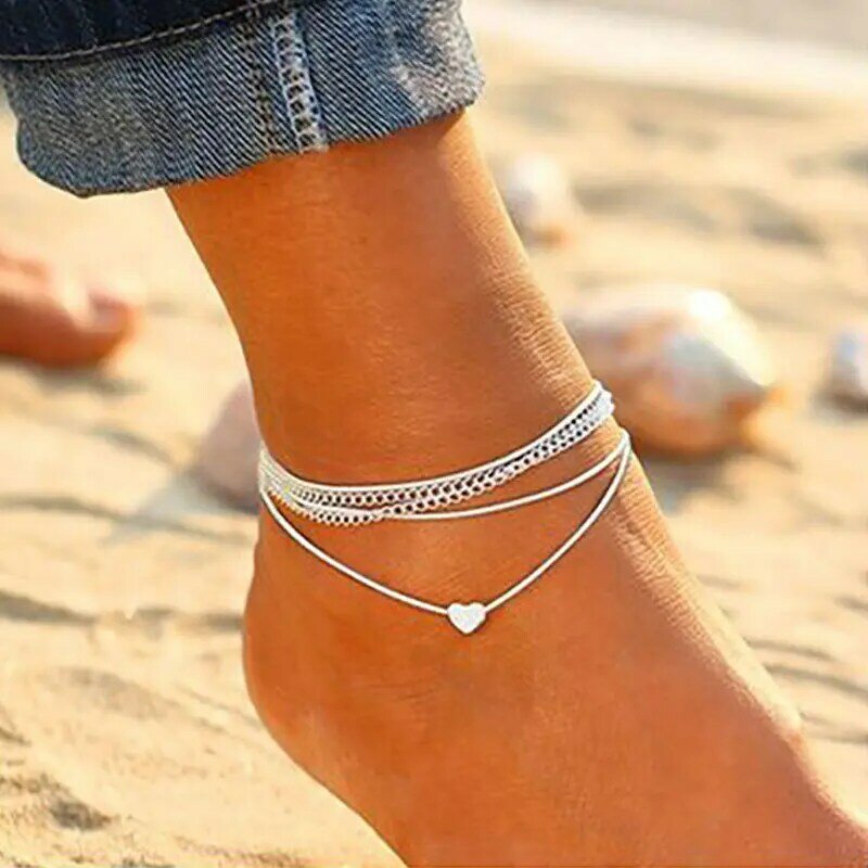 Boêmio prata cor tornozeleira pulseira na perna moda coração feminino tornozeleiras descalços para as mulheres perna corrente praia pé jóia