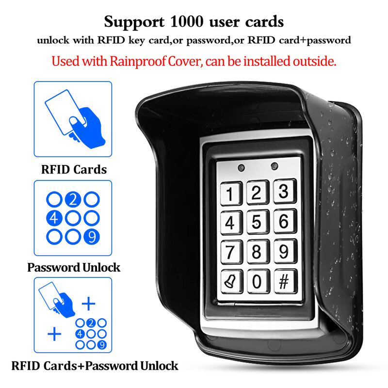 RFID Metal Access Control Keypad Waterproof Rainproof Cover Outdoor Door Opener Electronic Lock System 10pcs EM4100 Keychains
