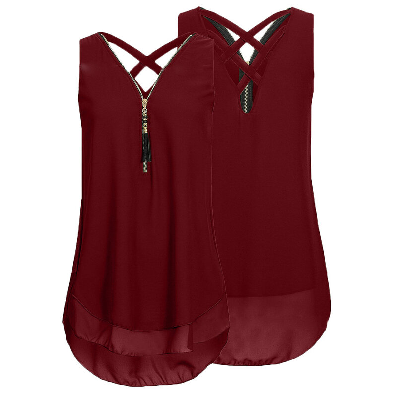 2020 New Summer Women blouse Ladies Loose Sleeveless Tank Tops Cross Back Hem Layed Zipper V-Neck Shirt Tops