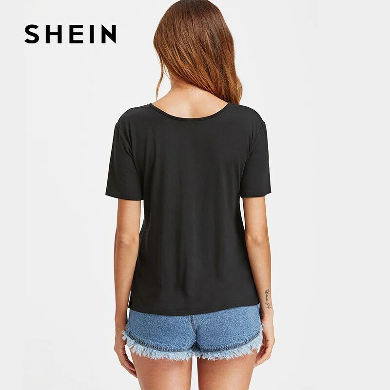 SHEIN Rose Patch Embroidery Black Crisscross Tee,2017 Summer Women Fashion V Neck T-Shirt, Loose Shorts Clothing
