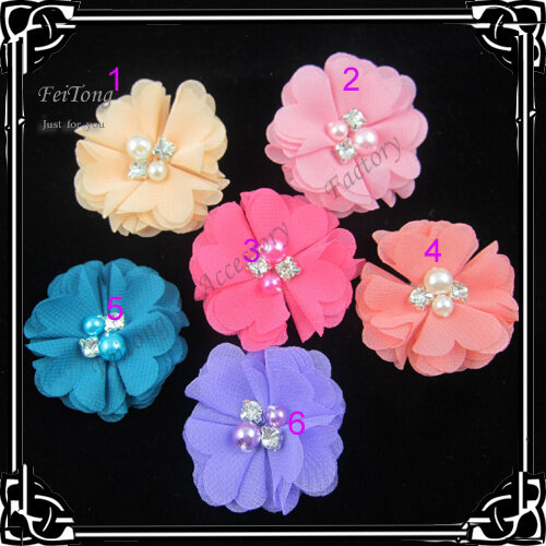 Free shipping!24pcs/lot 4cm diameter Luxurious chiffon flower  with phinestone and pearls