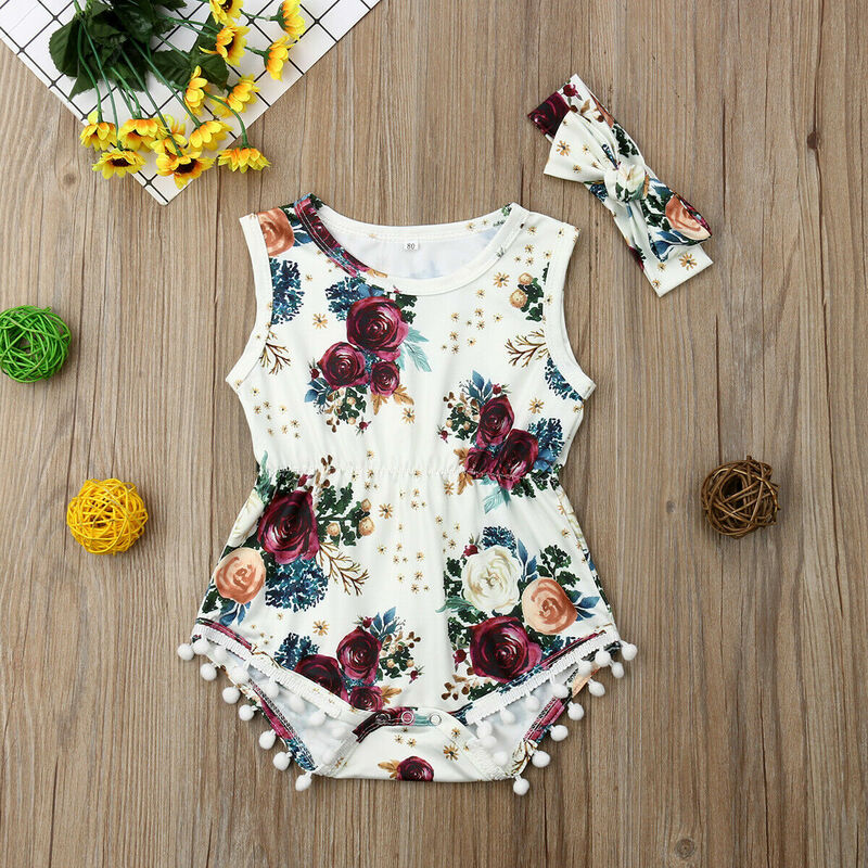 For Toddler Baby Girl Floral  Bodysuit with Headband Outfit Set Clothes