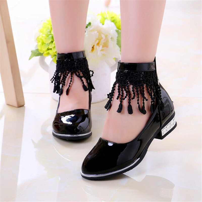 Fashion girls leather shoes brand beautiful princess dance shoes sweet cute girl tassel pink high heels for kids party shoe tide