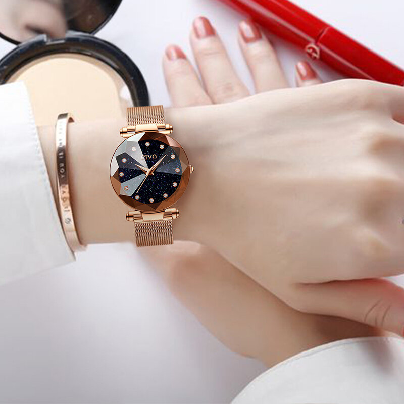 Civo moda senhoras relógios à prova dwaterproof água aço malha pulseira relógio de pulso reloj mujer vestido cristal para mulher bayan saat