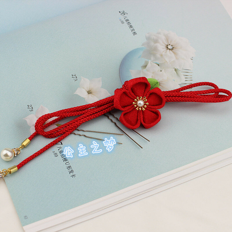 Obijime Obi Belt For Kids Traditional Japanese Style Thin Round Waist Belt For Kimono Yukata Red Pink Beading Classic HW011-S