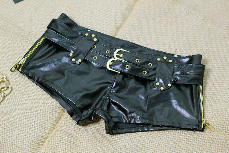 Сексуальные женские блестящие шорты из искусственной кожи, с двойным поясом, с низкой талией, мини-шорты, очень короткие, с молнией, открытые, экзотические, Culb Wear F33