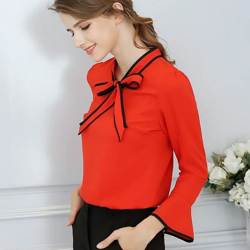 Camisa de gasa con lazo para mujer, blusa informal elegante de Color sólido, moda coreana, para oficina, primavera y verano, H9120