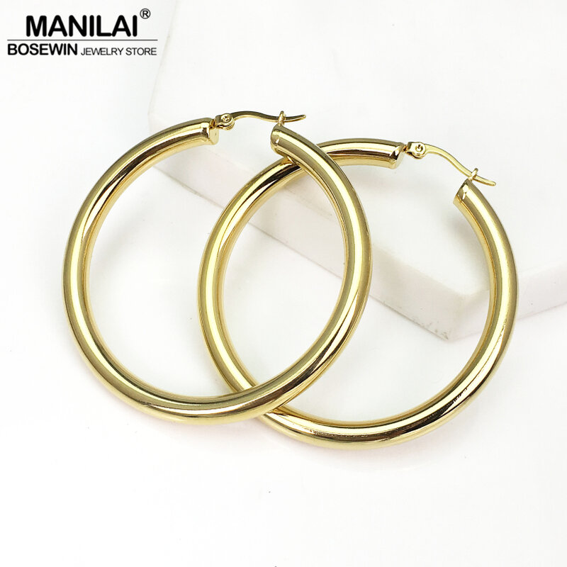 MANILAI Wide Stainless Steel Tube Hoop Earrings For Women Punk Statement Earrings Brincos Fashion Jewelry 55mm Diameter