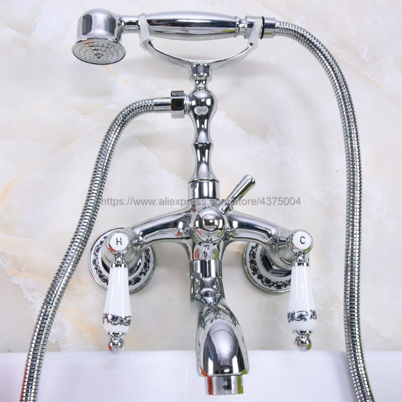 Grifo de bañera montado en la pared, doble manija, mezclador de cromo pulido, grifos de ducha de baño con ducha de mano Nna216