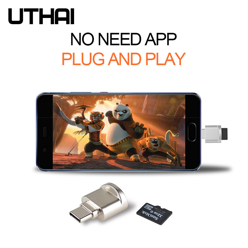 Uthai C09 Mini Tipe C USB3.1 Micro SD Card Reader TF Memori Kartu Adaptor untuk MacBook atau Smartphone dengan USB C Antarmuka Disk U