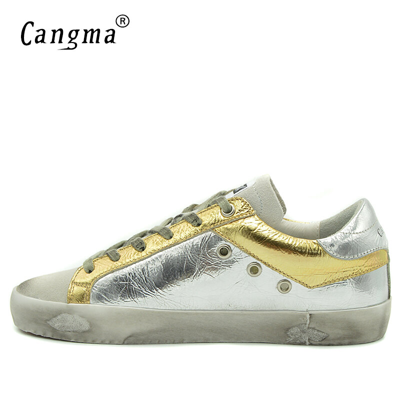 CANGMA Luxury Brand Women Designer Sneakers Girls Casual Shoes Silver Genuine Leather Suede Famous Footwear Female Vintage