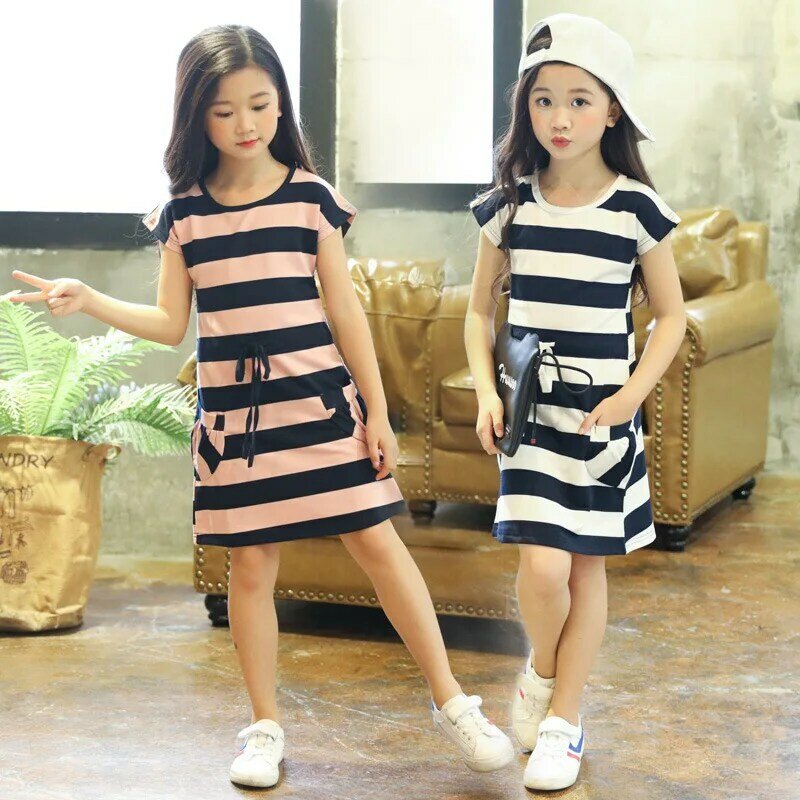 Kids Dresses for Girls Cotton Striped Casual Girls Summer Dress 3 4 5 6 7 8 9 10 11 12 Year Children Toddler Teen Clothing