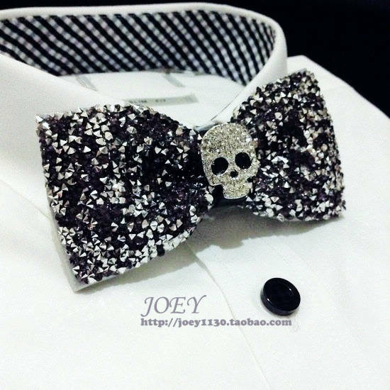 New Free Shipping fashion casual male Men's Cool punk Silver Black luxury skull shirt tie diamond party stage Headdress collar