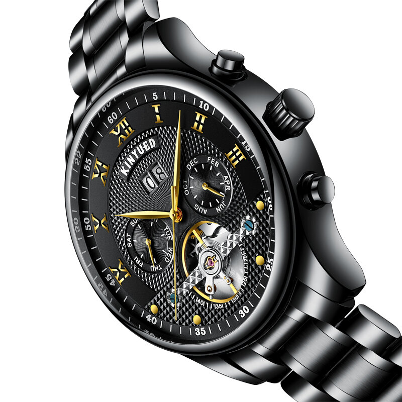 Kinyued Real caliente relojes mecánicos hombres negro automático Tourbillon impermeable reloj de mano de lujo acero esqueleto relojes de pulsera