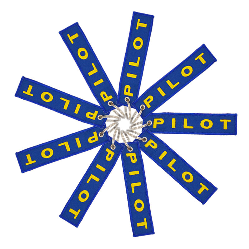 Moda Pilot breloczek OEM breloczki etykiety prezenty w lotniczym stylu niebieski z żółtym pilotem Tag bagażu biżuteria haft Tag bezpieczeństwa