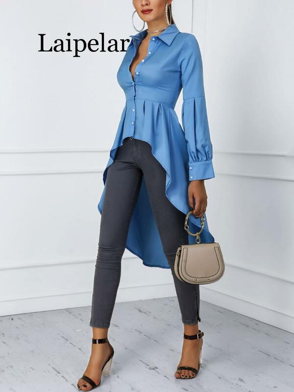 Laipelar-우아한 캐주얼 셔츠 탑 랜턴 슬리브 버튼 디자인 딥 헴 블라우스 여성용, 사무실 패션, 2019