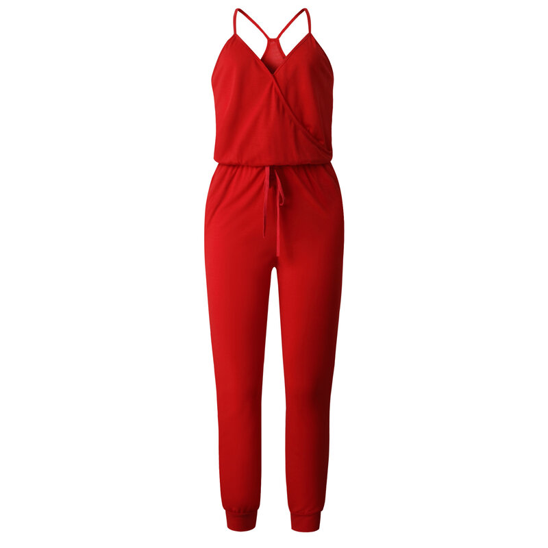 Solid Fashion Zomer Vrouwen Jumpsuit Romper Sexy V-hals Backless Lace-up Beach Bodycon strap femme Jumpsuit Overalls lange broek