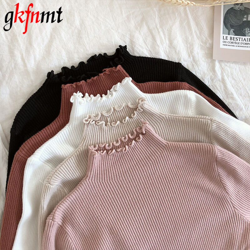 Turtleneck Ruched Women Sweater High Elastic Solid 2022 Fall Winter Fashion Sweater Women Slim Sexy Knitted Pullovers Pink White