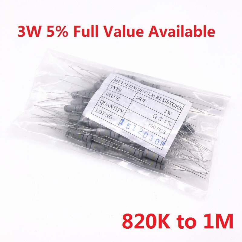 200 buah 3W oksida carboom Film logam Resistor 820K/910K/1M/Ohm 5%