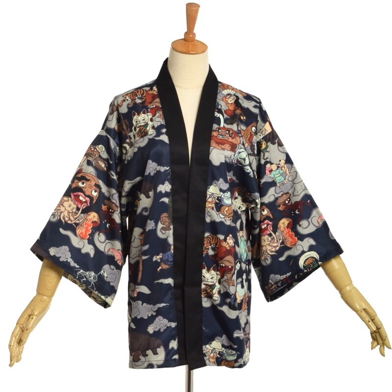 Los hombres Yukata japonés Cardgain capa Kimono impresión Outwear Hyakki Yakou Clarkes mundo disfraces