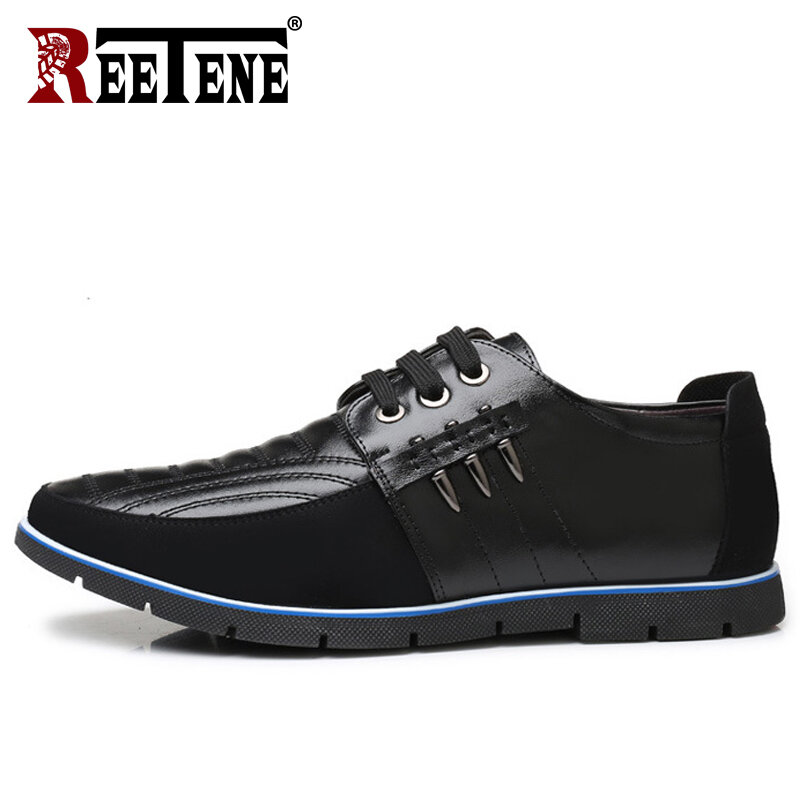REETENE Plus Size 37-48 Leather Casual Shoes Men High Quality Leather Men Casual Shoes Autumn Leather Shoes For Men Flat Shoes
