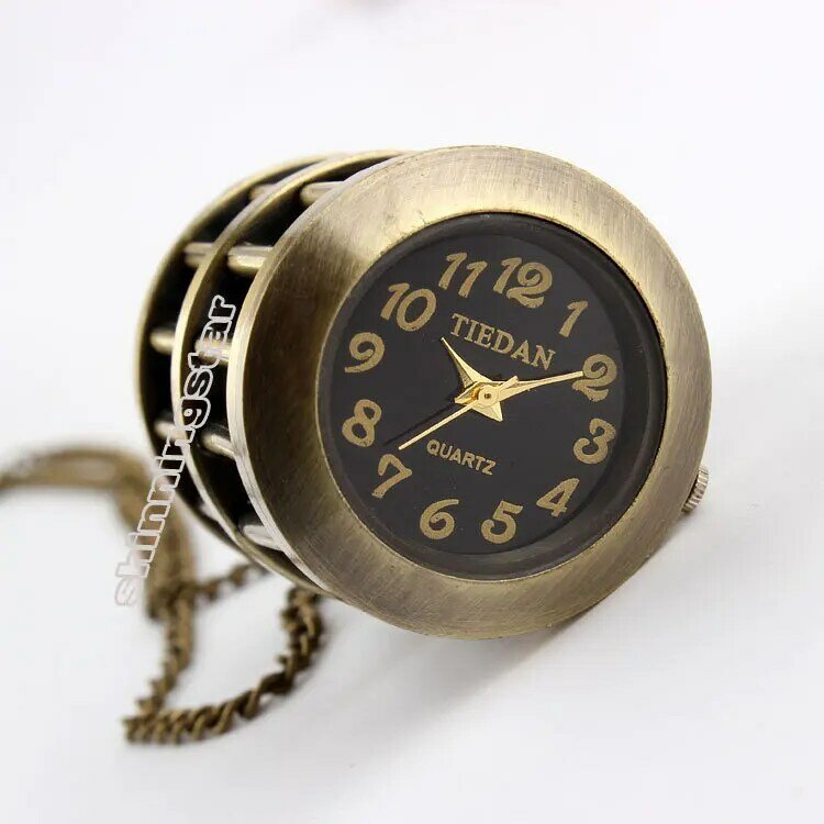 Reloj de bolsillo de jaula de pájaro de bronce para hombre, cadena con colgantes, retro, diseño de moda