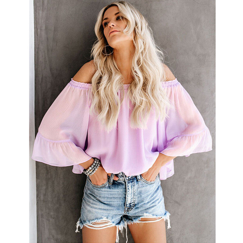 여름 블라우스 여성 쉬폰 휴가 셔츠 탑스 2019 패션 캐주얼 긴 플레어 슬리브 섹시 슬래시 넥 블라우스 femme blusa