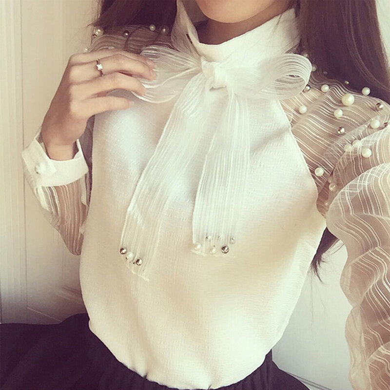 Blusa elegante de organza con lazo de perla para mujer, camisa informal de gasa de manga larga, tops y blusas blancas, novedad de verano 2019