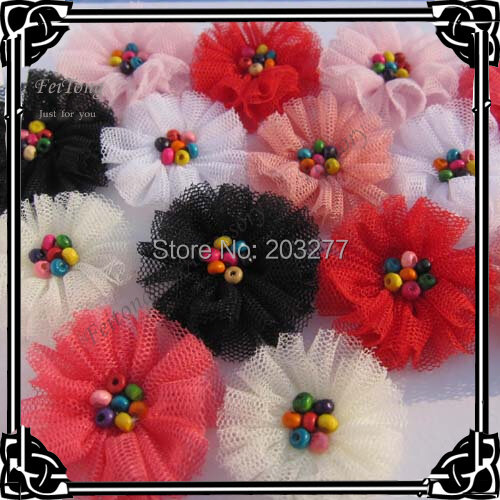 Free shipping!36pcs/lot 4CM tulle flower mesh flower  net flower  tutu flower with colors wood beads 7 colors for your pick