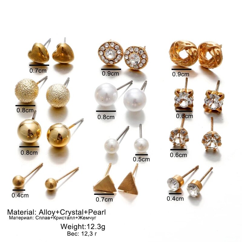 Fashion 12 pair/set Women Square Crystal Heart Stud Earrings for Women Piercing Simulated Pearl Flower Earrings