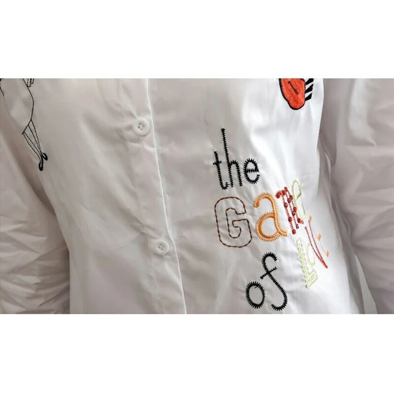 Blusa de algodón de manga larga para mujer, camisa blanca con letras bordadas, cuello vuelto, Top informal suelto de talla grande, novedad