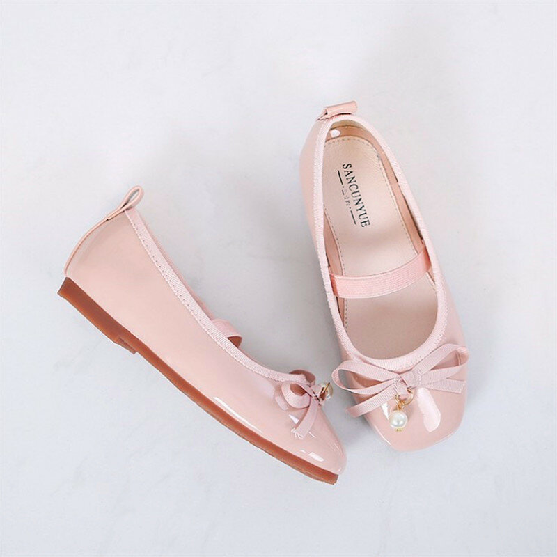 Spring Autumn Classic Red Round Head Children's Leather Shoes for Girl Princess Shoes Flat Cute Bow Pearl Kids shoes 3-12 Years