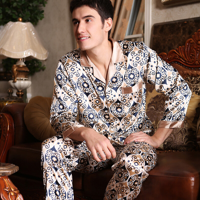セクシーなフェイクシルク男性パジャマファッションプリント氷の絹のパジャマ男性長袖パジャマパンツセット 2 個新 5002