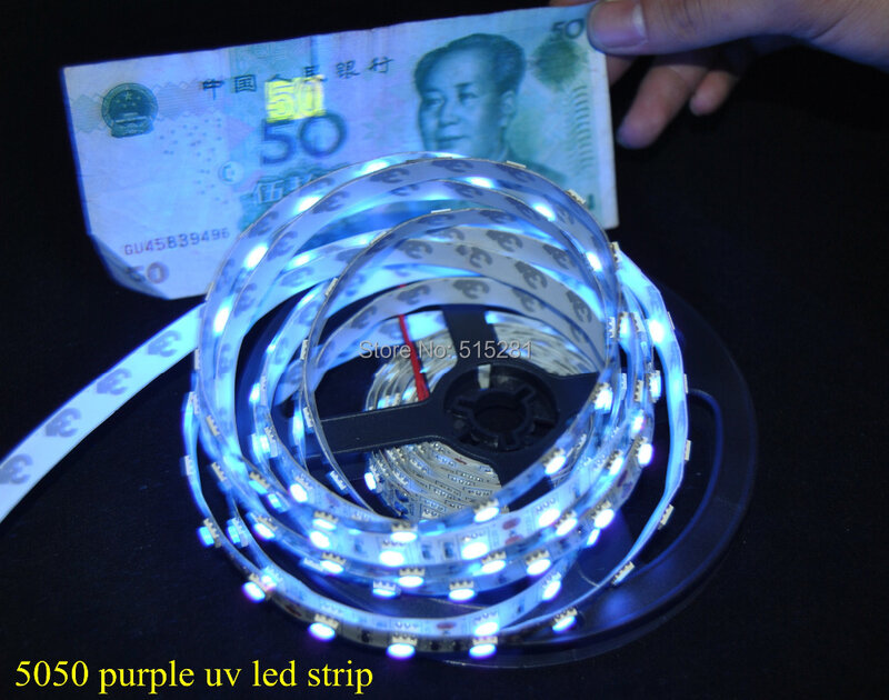 1M 5M taśma LED UV 5050 SMD taśma LED ultrafioletowa DC12V 60 leds/m 300 leds/rolka fioletowy identyfikacja pieniędzy wysoka jasność