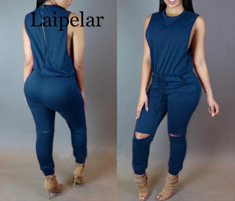 Women hole sleeveless bandage lace up jumpsuit Casual Rompers overalls for female women o-neck zipper jumpsuits women suits